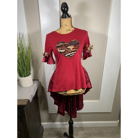 Pastel Brand Women's Sequin Heart/Leopard Red Shirt High Low Hemline Small Top - Picture 13 of 13